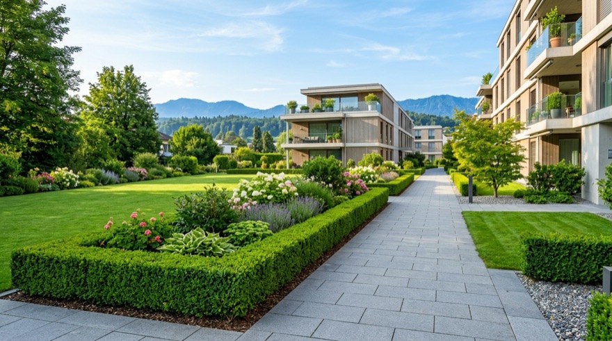 Gepflegte Gartenanlage einer Wohnüberbauung