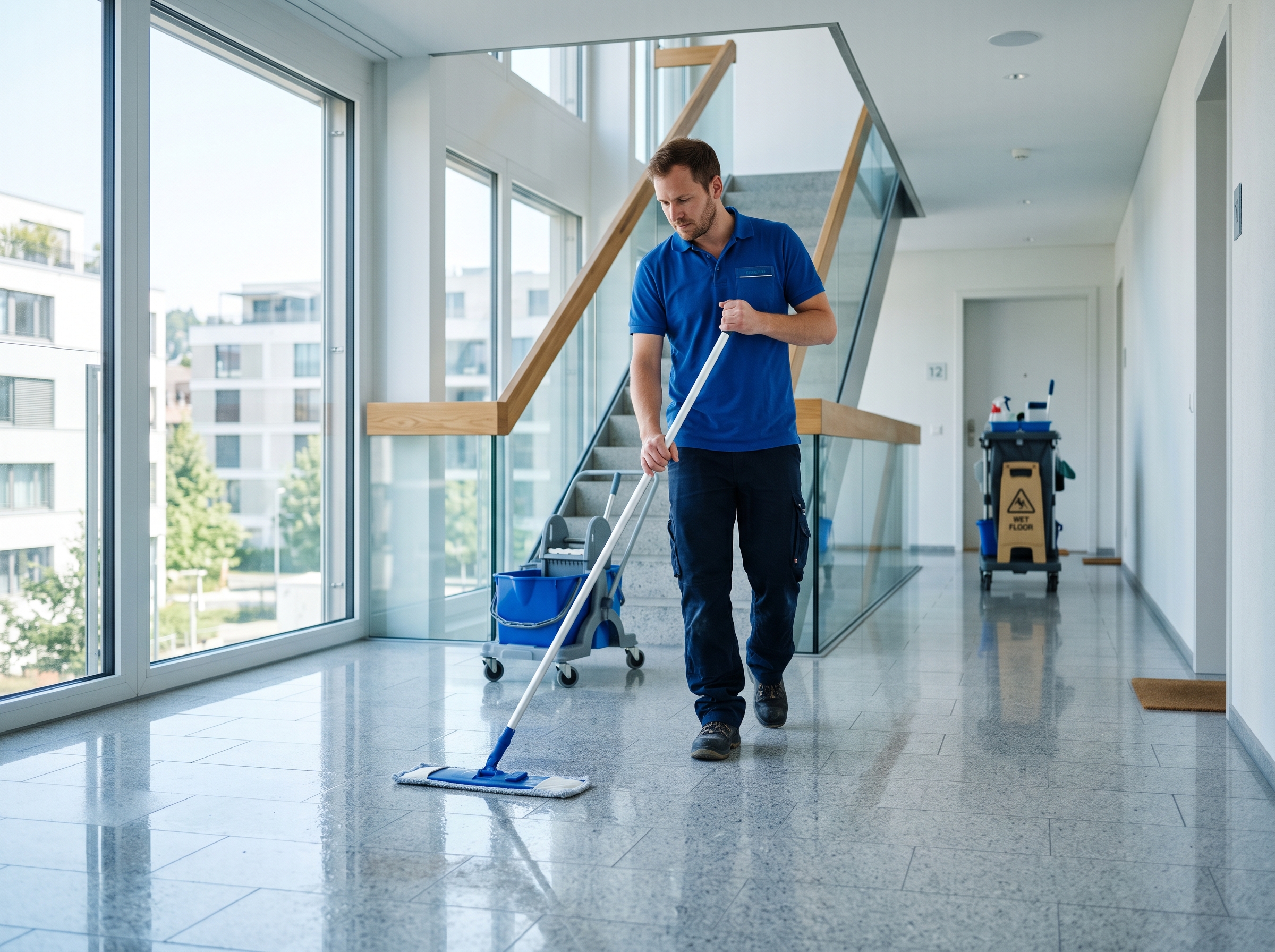 Unterhaltsreinigung eines modernen Treppenhauses im Raum Zürich